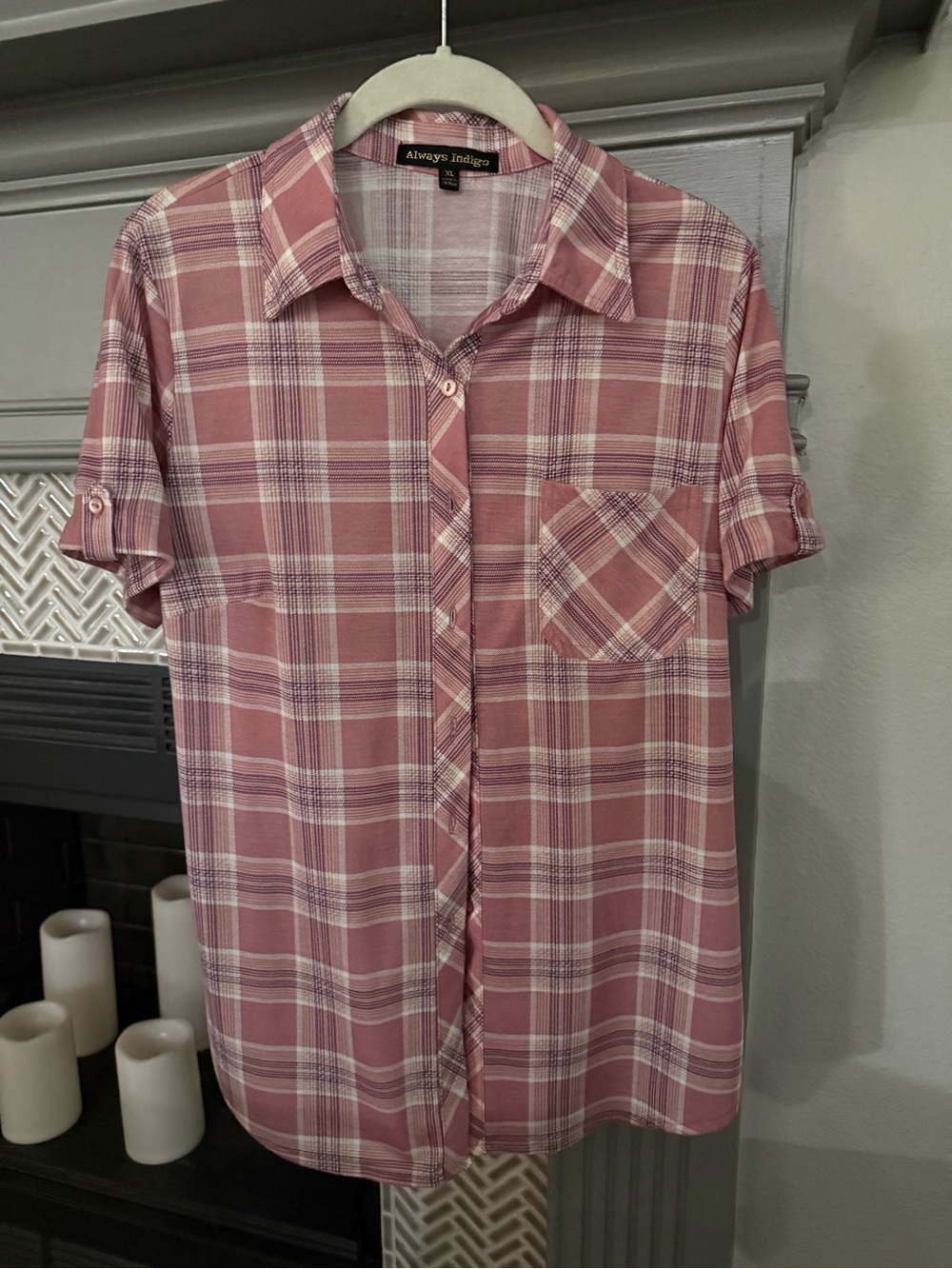 Always Indigo Women's Pink Plaid Short-Sleeve Button Down Shirt